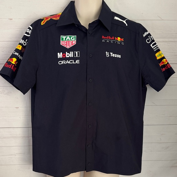 Puma Size L Navy Blue Red Bull Mobile 1 Pirelli Cash App Racing Team Shirt - Picture 1 of 8